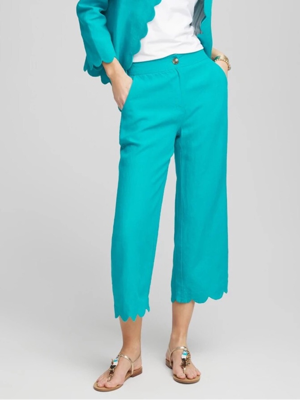 Chicos NWT 100% Linen Cropped Flare Scallop Hem Teal Pants Size 3.5 / 18